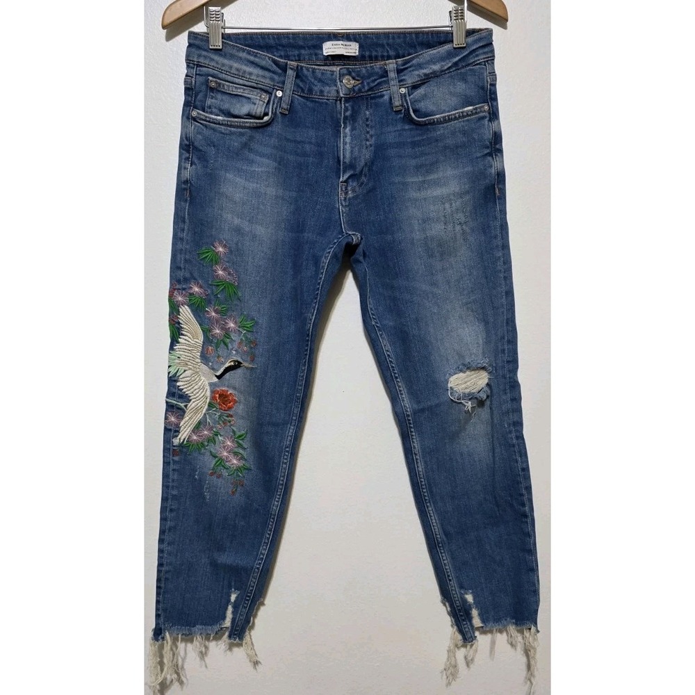 Women's Zara Woman 6 Floral Bird Embroidered Distressed Cut Off Frayed Hem Jeans